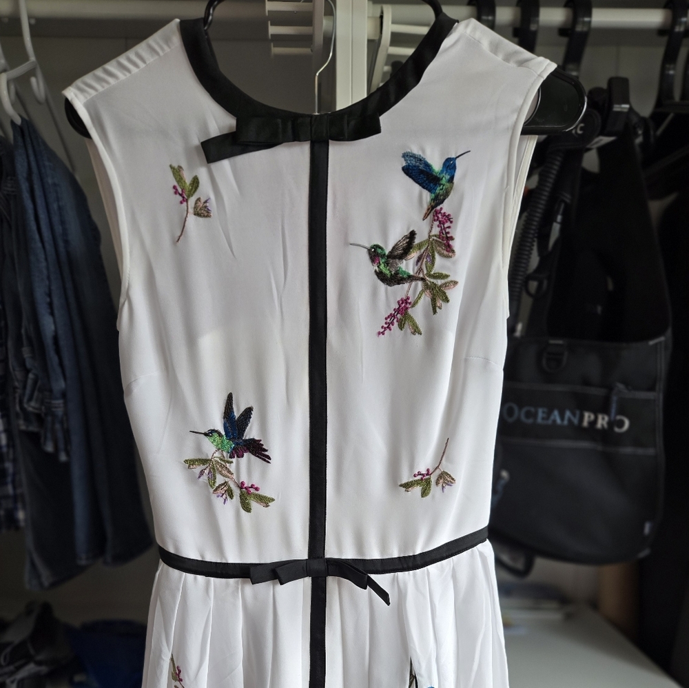 Ted Baker Embroidered White Dress with Hummingbird Design